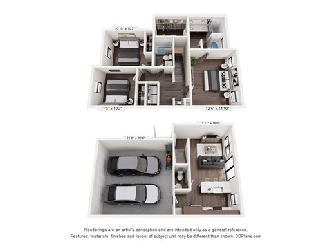 Floor plan for 3 beds, 2.5 baths, 1221 sqft